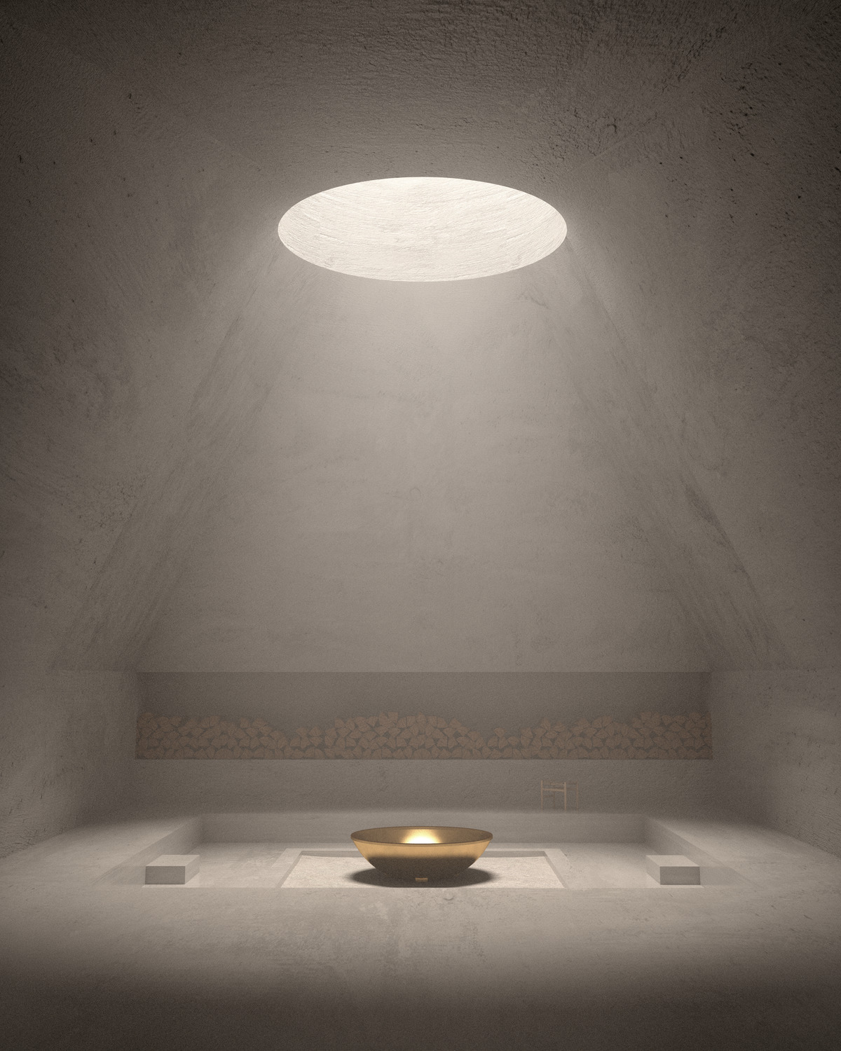 Fire temple interior — a circular oculus casting a shaft of light onto a golden fire bowl in a still stone chamber, architectural concept by Zane Ra