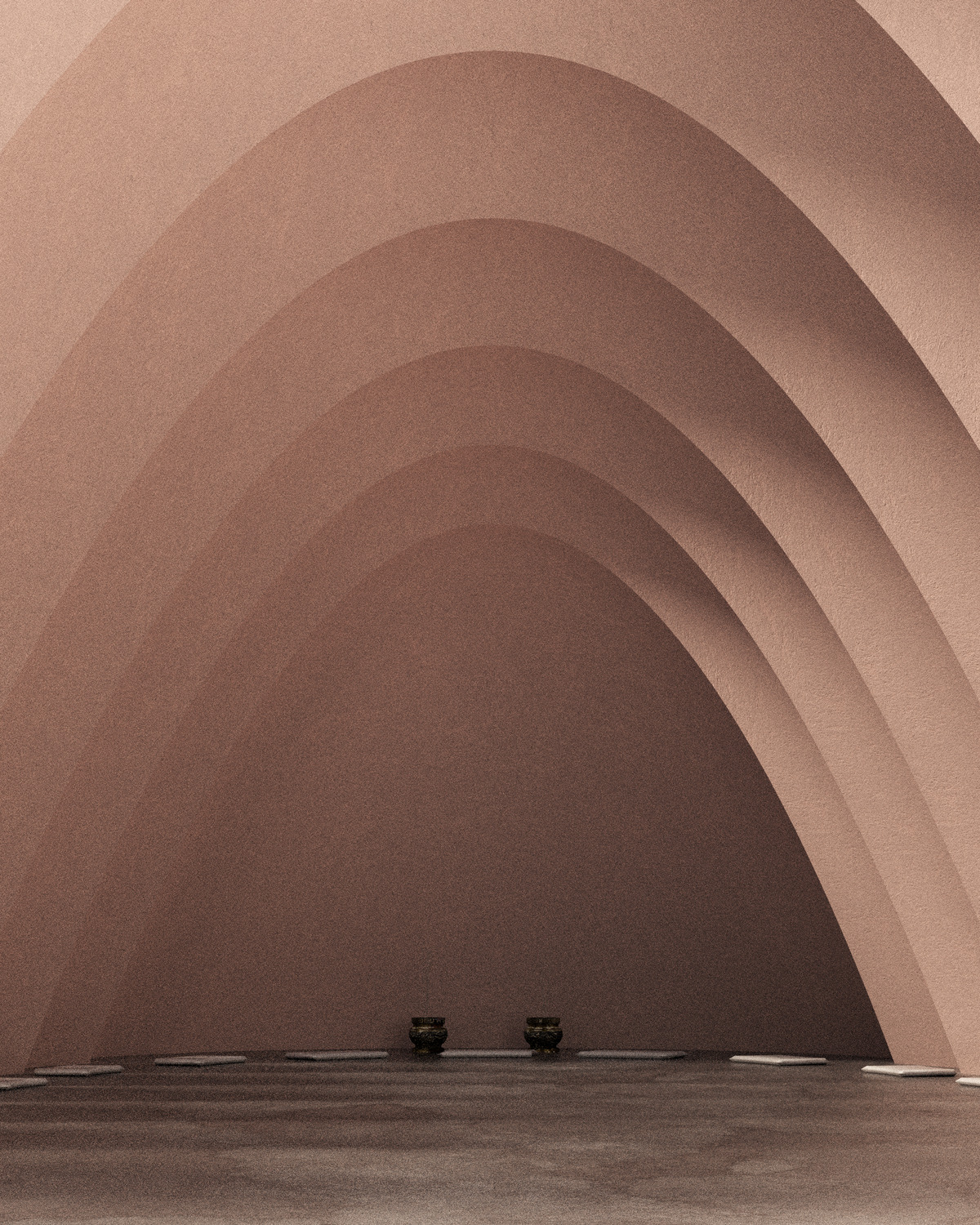 Meditation temple interior — sweeping concentric travertine arches over a floor of meditation cushions and singing bowls, architectural concept by Zane Ra
