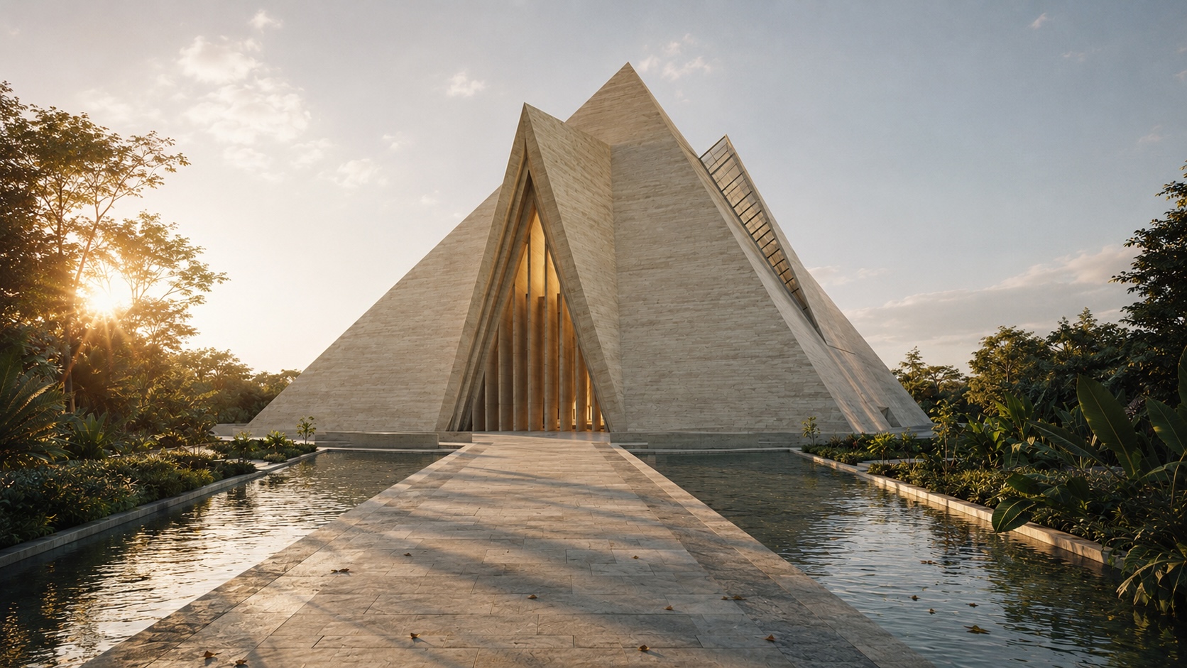 Pavilion of Light — a travertine ceremonial maloca at dusk with reflecting water canals and gardens, designed by Zane Ra as the central gathering space for a transformational retreat center in Costa Rica